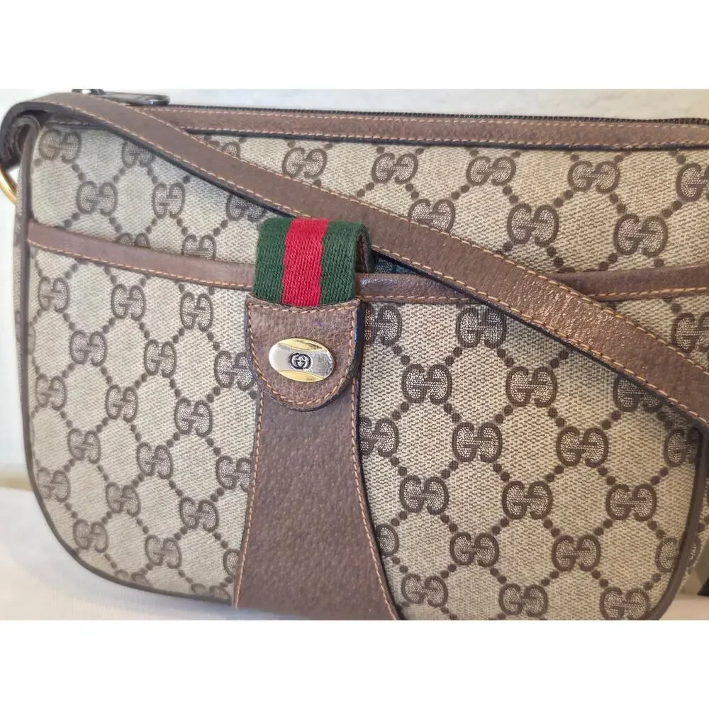Gucci GG Supreme Web Stripe Crossbody Bag Vintage Ophidia Brown Leather